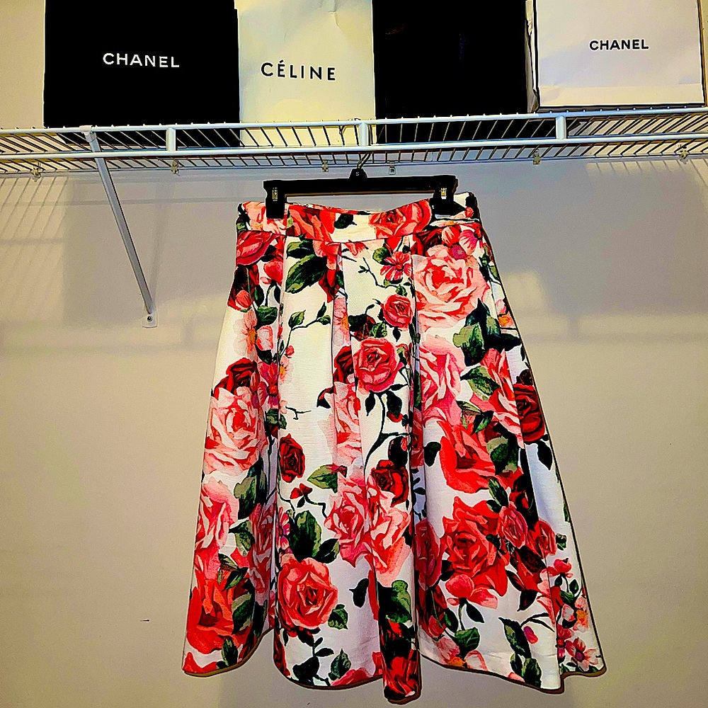 Womens White & Pink Floral Eliza J Pleated Flar Skirt